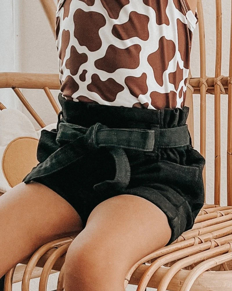 Quinn Tie-Waist Denim Shorts - Black