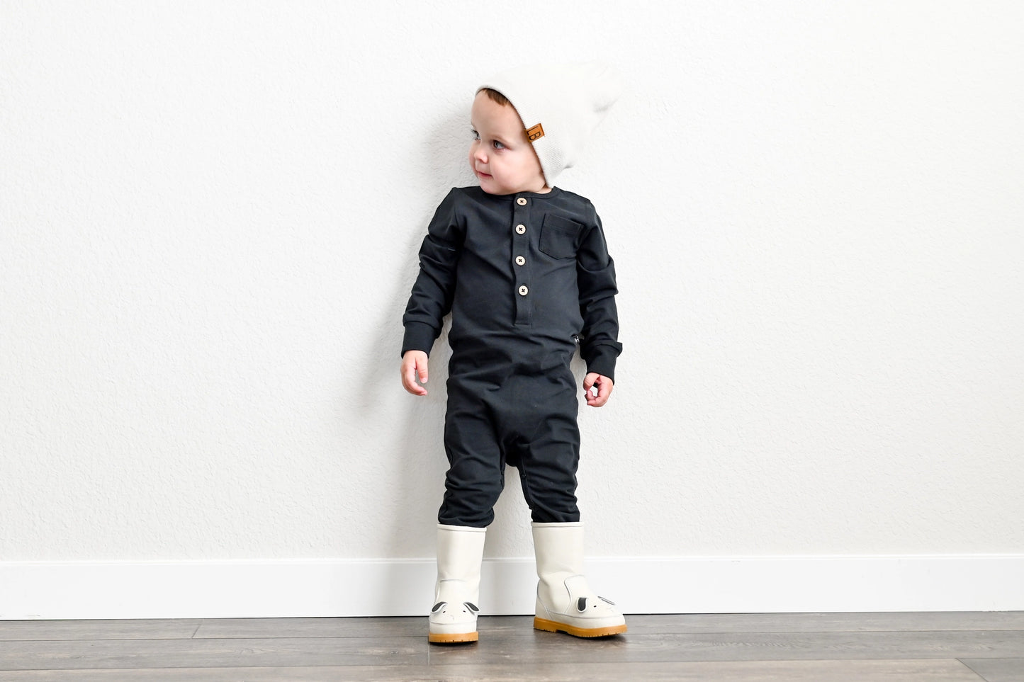 Long Sleeve Wooden Button Romper - Jet Black