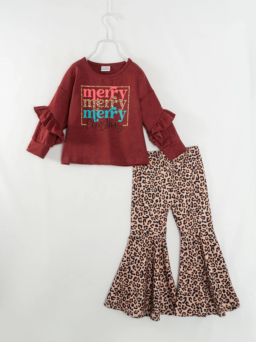 Red Merry Leopard Ruffle Girl Bell Pant Set