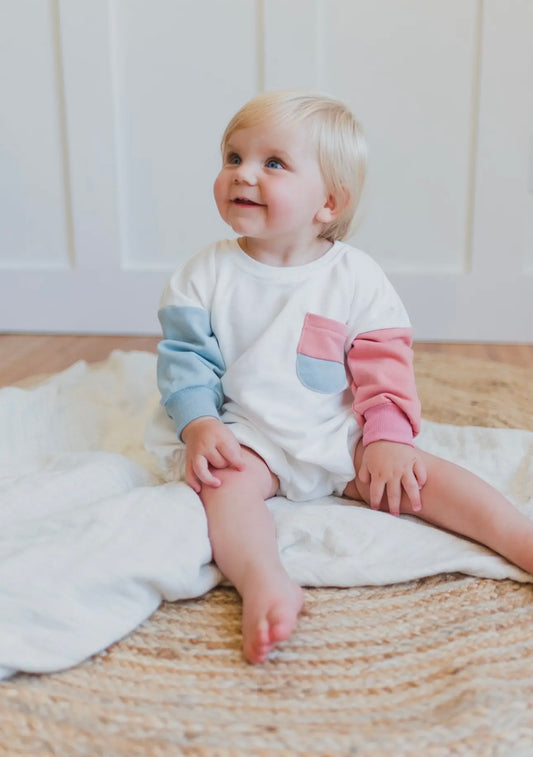 Colorblock Sweatshirt Romper - Dusty Blue/Salmon