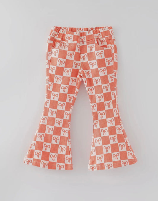 Coral Bow Plaid Flared Pants