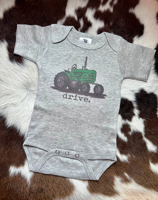 "Drive" Green Tractor Infant/Toddler Grey Body Suit
