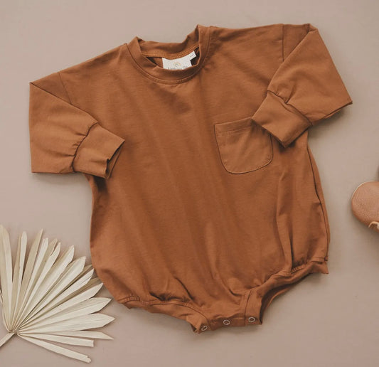 Long Sleeve Oversized Pocket Tee Romper - Brown