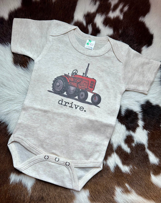 "Drive" Red Tractor Infant/Toddler Beige Body Suit