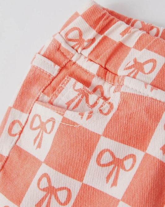 Coral Bow Plaid Flared Pants